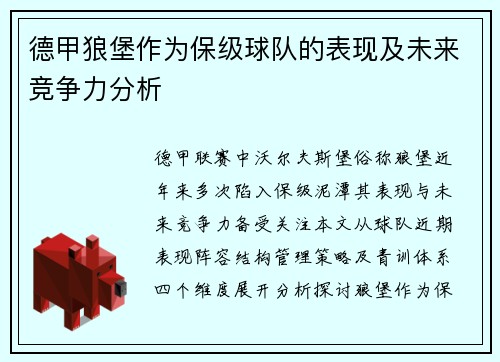 德甲狼堡作为保级球队的表现及未来竞争力分析